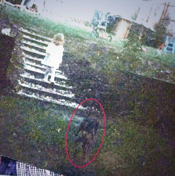 Fuzzy photograph of a small child walking near steps with a dark shadowy figure circled in the grass.