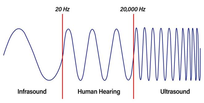 Diagram showing low-frequency infrasound waves compared to human hearing.
