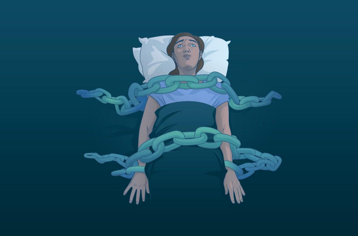 Illustration of a woman experiencing sleep paralysis symbolised with chains.