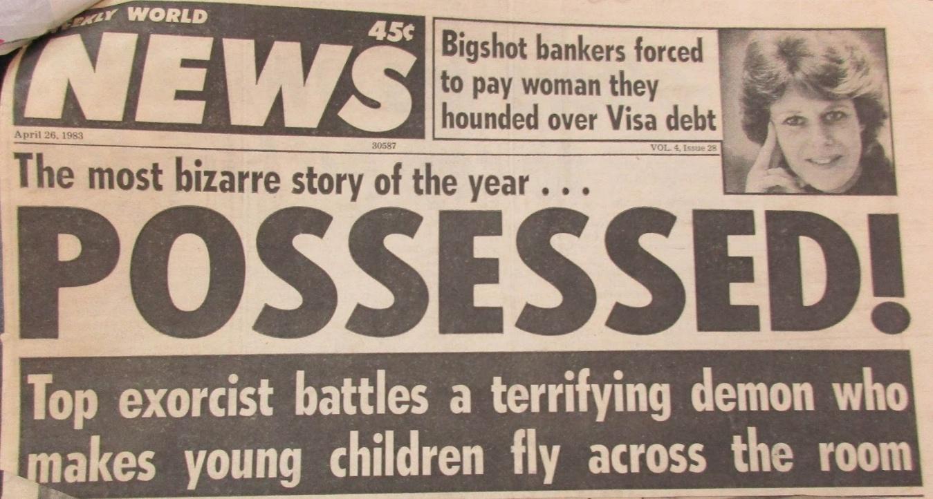 1980s tabloid newspaper headline claiming a child was possessed during an exorcism.