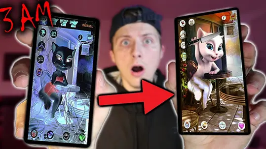 Shocked YouTuber holding two phones showing spooky cartoon characters, referencing viral 3AM challenge videos online."