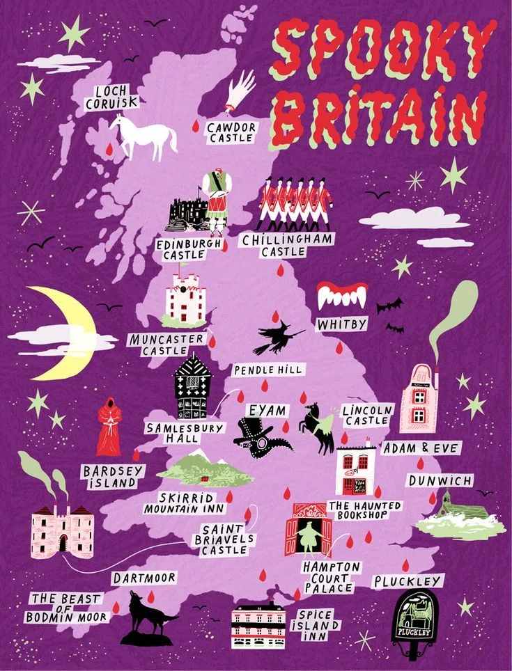 Illustrated map of spooky Britain highlighting famous haunted locations and paranormal legends.